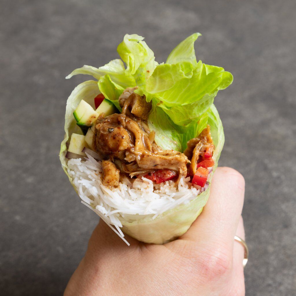 Almond Butter Chicken, Vegetable & Vermicelli Lettuce Wraps